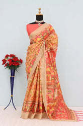 Mysore Silk Digital Print Orange Saree With Unstiched Blouse Piece-MPHMS-14-ORANGE